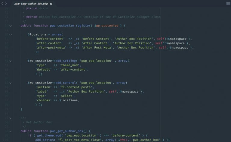 A screenshot of the code from the Easy Author Box for Beaver Builder Theme plugin.