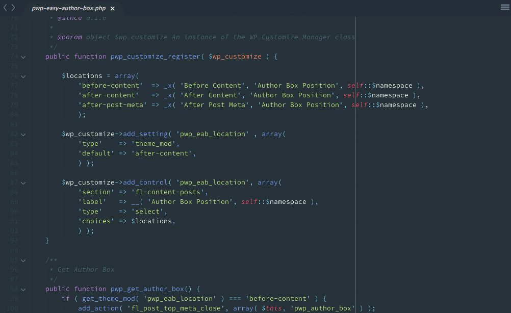 A screenshot of the code from the Easy Author Box for Beaver Builder Theme plugin.