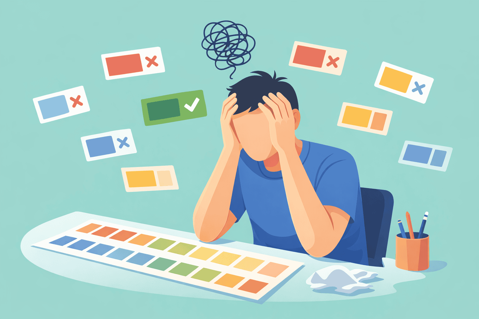 Flat vector illustration of a frustrated designer holding their head while color swatches with pass and fail marks float around a desk workspace.